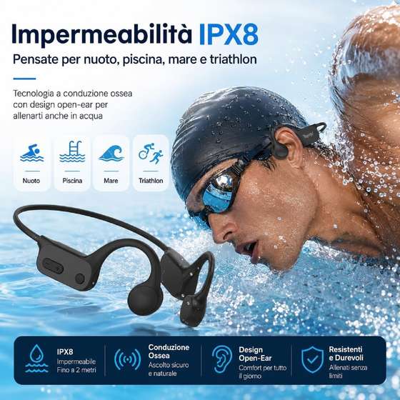 Tayogo Cuffie da Nuoto a Conduzione Ossea IPX8, Lettore MP3 Subacqueo 32GB e Bluetooth 5.4, Cuffie Impermeabili con Microfono per Chiamate, Piscina, Mare, Triathlon, Corsa e Sport, W26