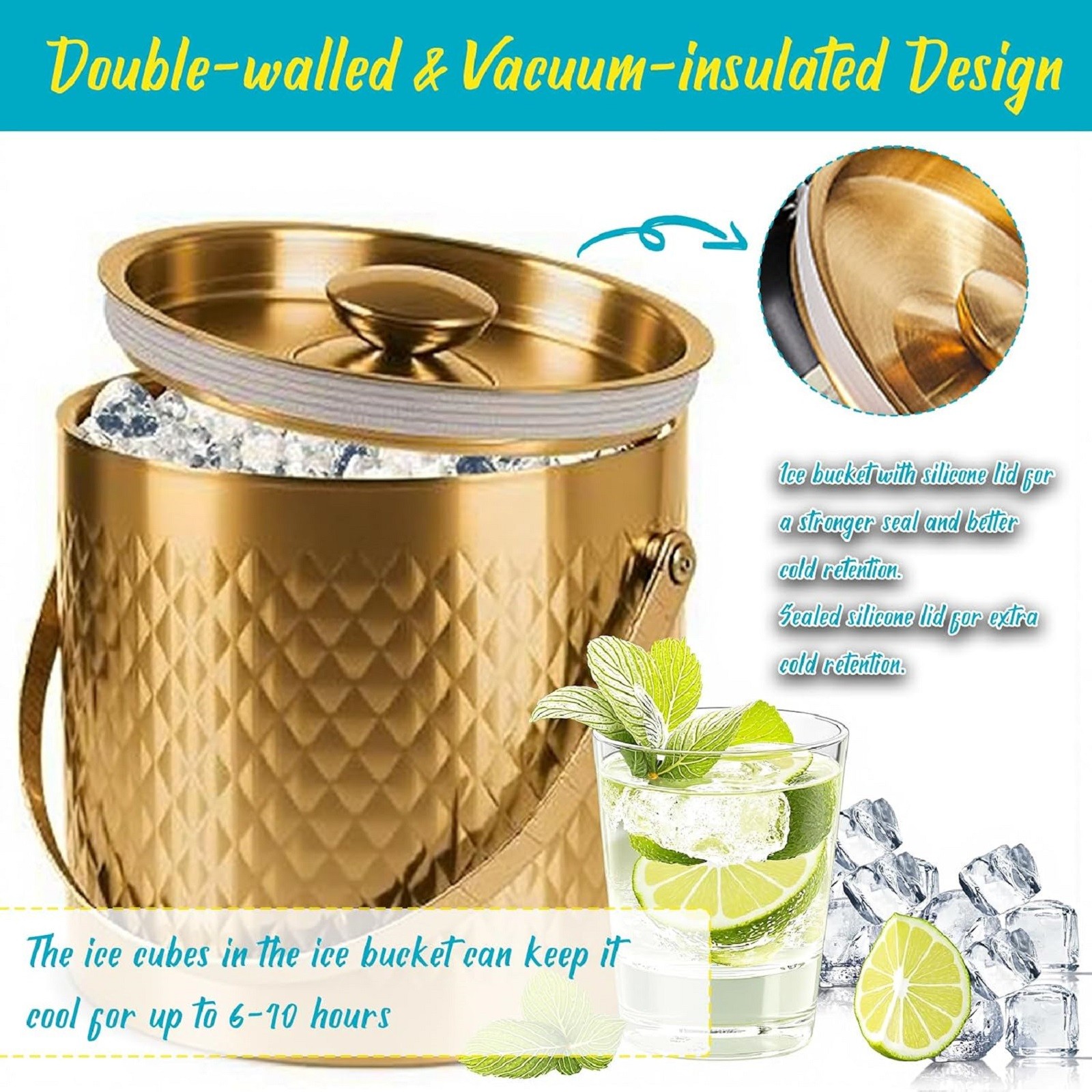 Secchiello per il ghiaccio isolato con coperchio, in acciaio inox, a doppia parete, sottovuoto, per cocktail, birra e champagne, ideale per casa, bar, pub, barbecue e picnic (dorato)