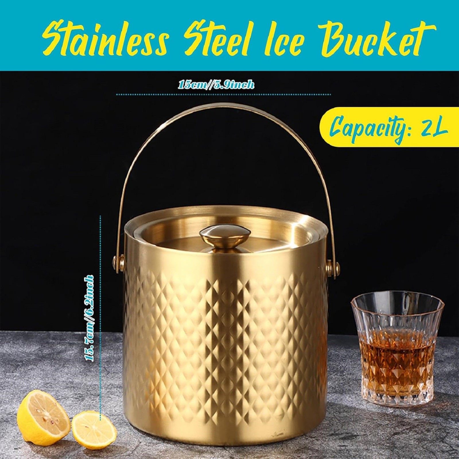 Secchiello per il ghiaccio isolato con coperchio, in acciaio inox, a doppia parete, sottovuoto, per cocktail, birra e champagne, ideale per casa, bar, pub, barbecue e picnic (dorato)