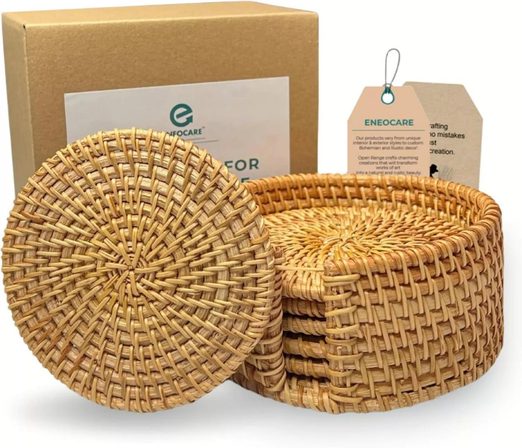 Sottobicchieri in rattan naturale fatti a mano per bevande, set di 6 sottobicchieri intrecciati in stile boho con supporto | Resistente al calore